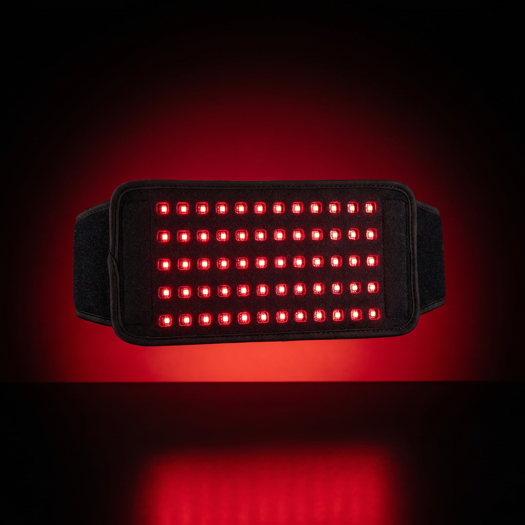 FlexRelief Red Light Therapy Belt glowing with red LED panel on dark background