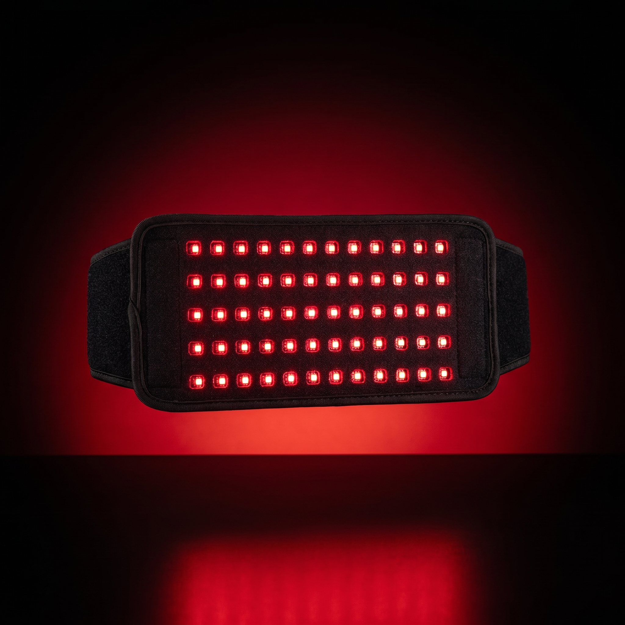 FlexRelief Red Light Therapy Belt glowing with red LED panel on dark background