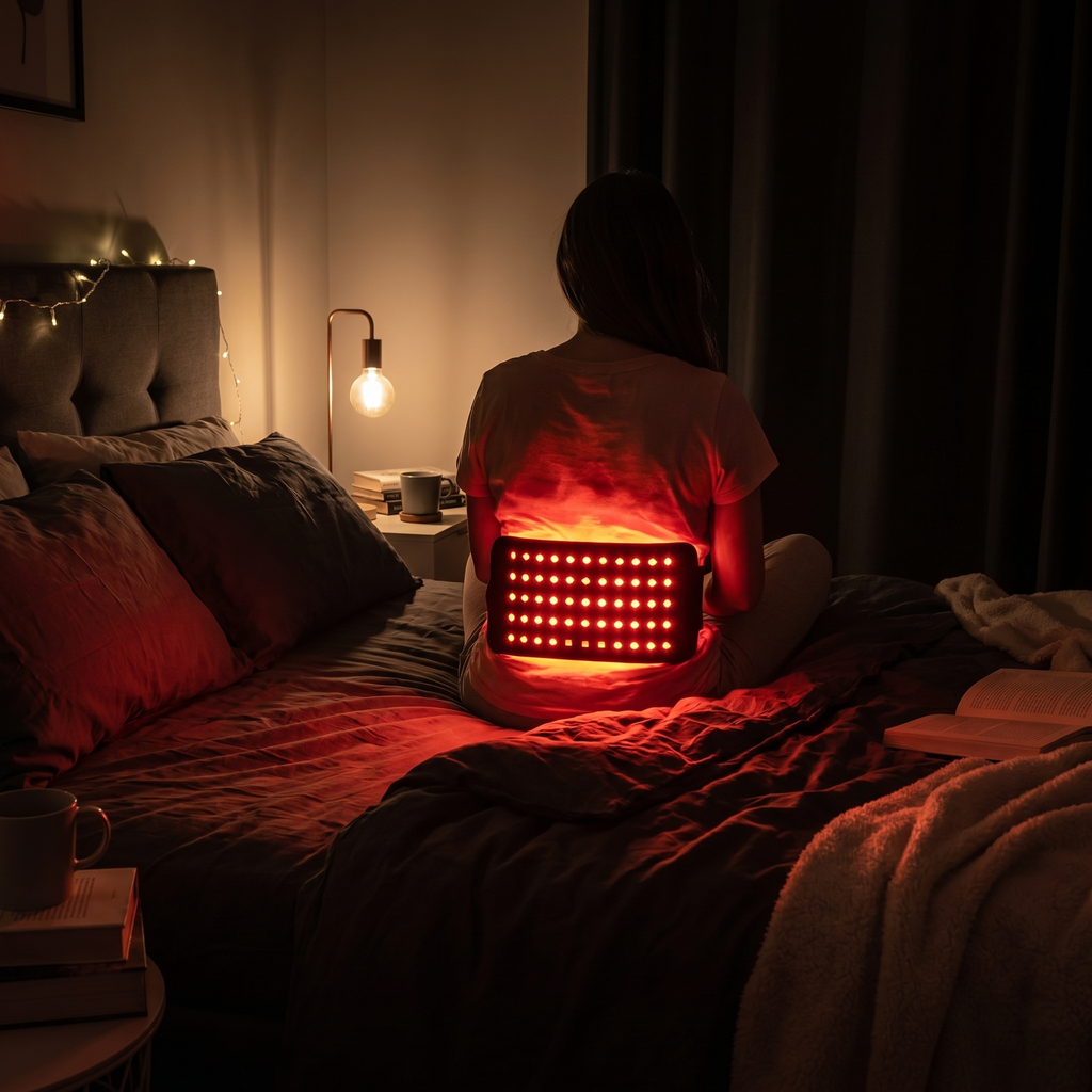 Woman using FlexRelief red light therapy belt for lower back pain relief at night