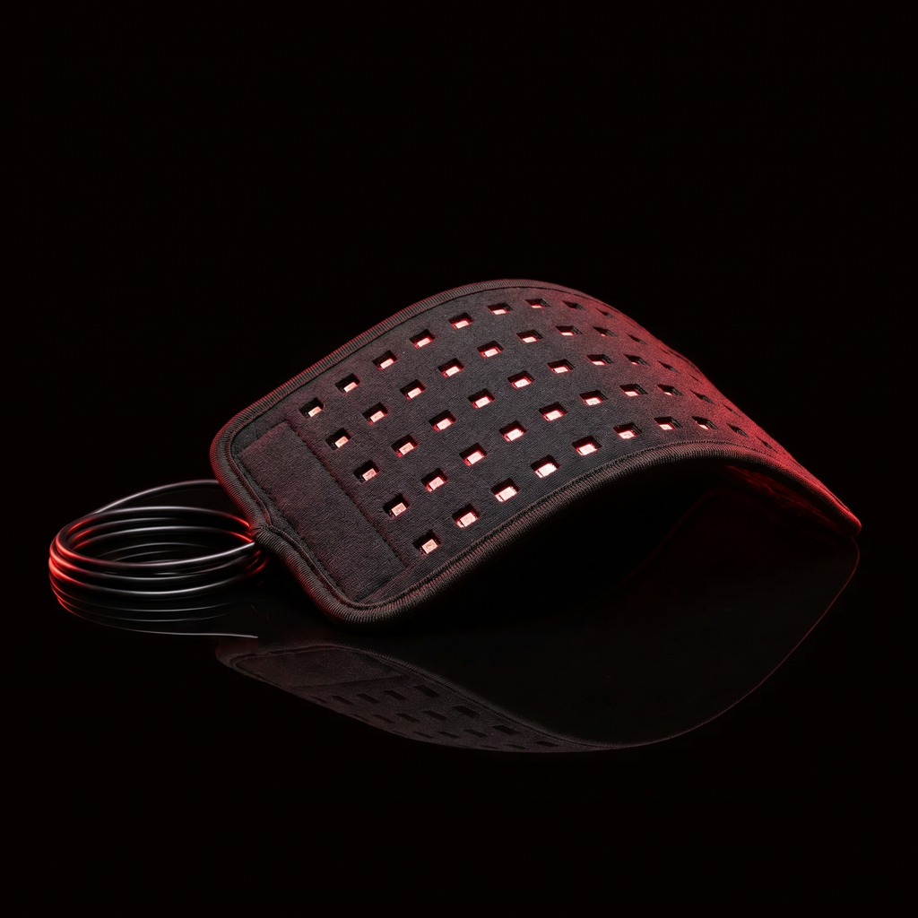 FlexRelief red light therapy belt shown flexible on dark reflective surface