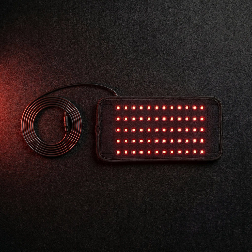 FlexRelief red light therapy belt with charging cable, top down flat lay
